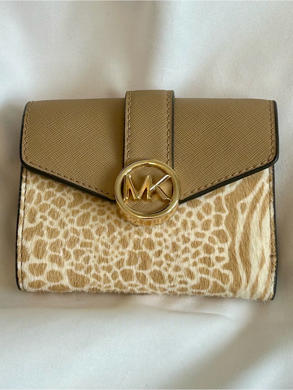 MICHAEL KORS CARMEN CAMEL LEATHER & CALF HAIR MEDIUM FLAP BIFOLD WALLET